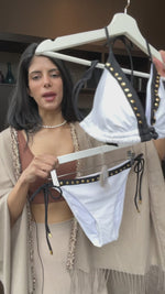 Black and White Bikini Bottoms Sustainable luxury midnight studded mix up tie teeny bikini bottoms pq swim designer best bikini website usa cheeky sexy quality high end midnight studded mix up tri bikini top black and white gold studded triangle best quality sexy D cup bikini website