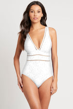 White One Piece Swimsuit | Sea Level Australia spliced multifit chantilly sale sexy designer swimwear online canada pretty mom swimsuit bridal clearance luxury high quality tummy control full bum coverage elegant beautiful glamorous cleavage bathing suit size 12 swim ladies fancy beach wedding honeymoon bride textured fabric special occasion swimsuit stylish fashionable sophisticated super feminine flattering flattens belly pooch compression looks high end expensive fabric luxe well made reputable swimwear 