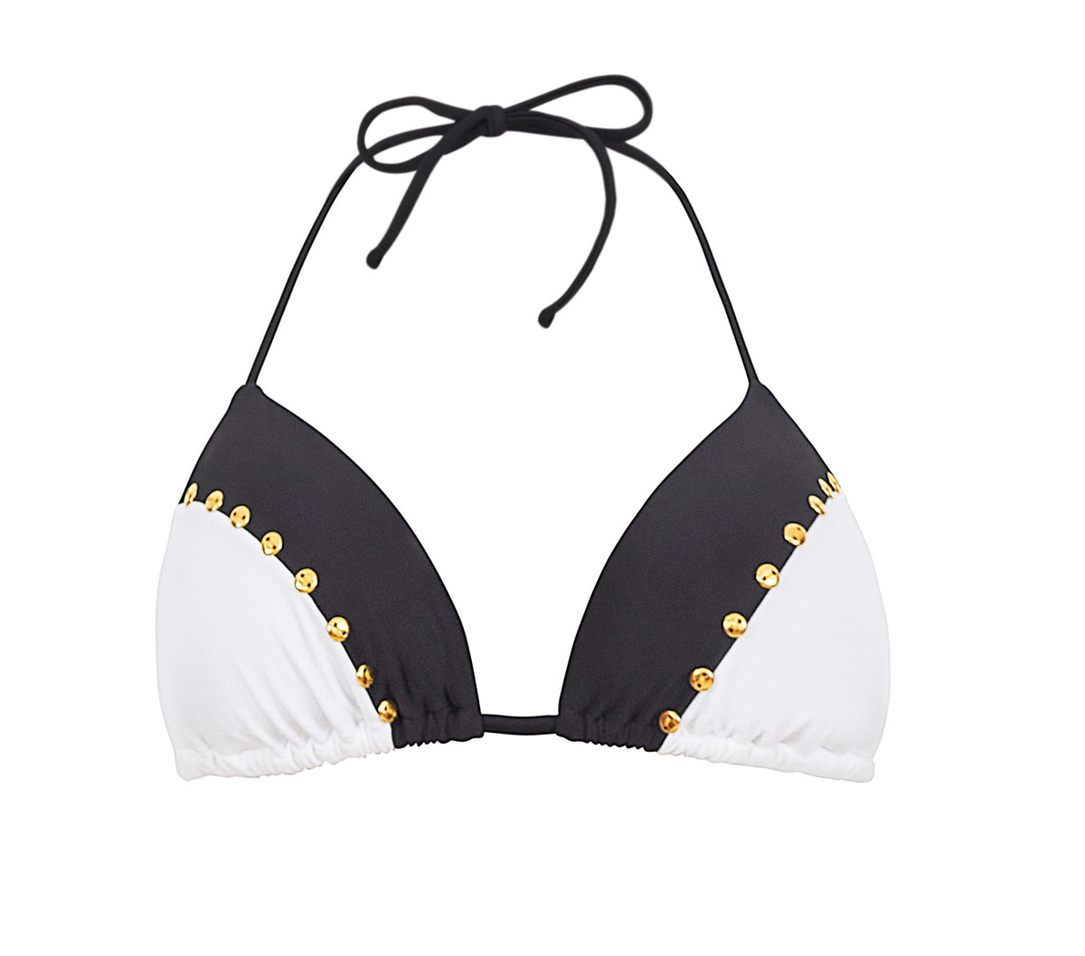 Black and White Bikini Top Sustainable  PQ Swim designer best bikini website usa cheeky sexy quality high end midnight studded mix up tri bikini top black and white gold studded triangle best quality sexy D cup bikini website