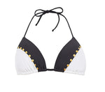 Black and White Bikini Top Sustainable  PQ Swim designer best bikini website usa cheeky sexy quality high end midnight studded mix up tri bikini top black and white gold studded triangle best quality sexy D cup bikini website