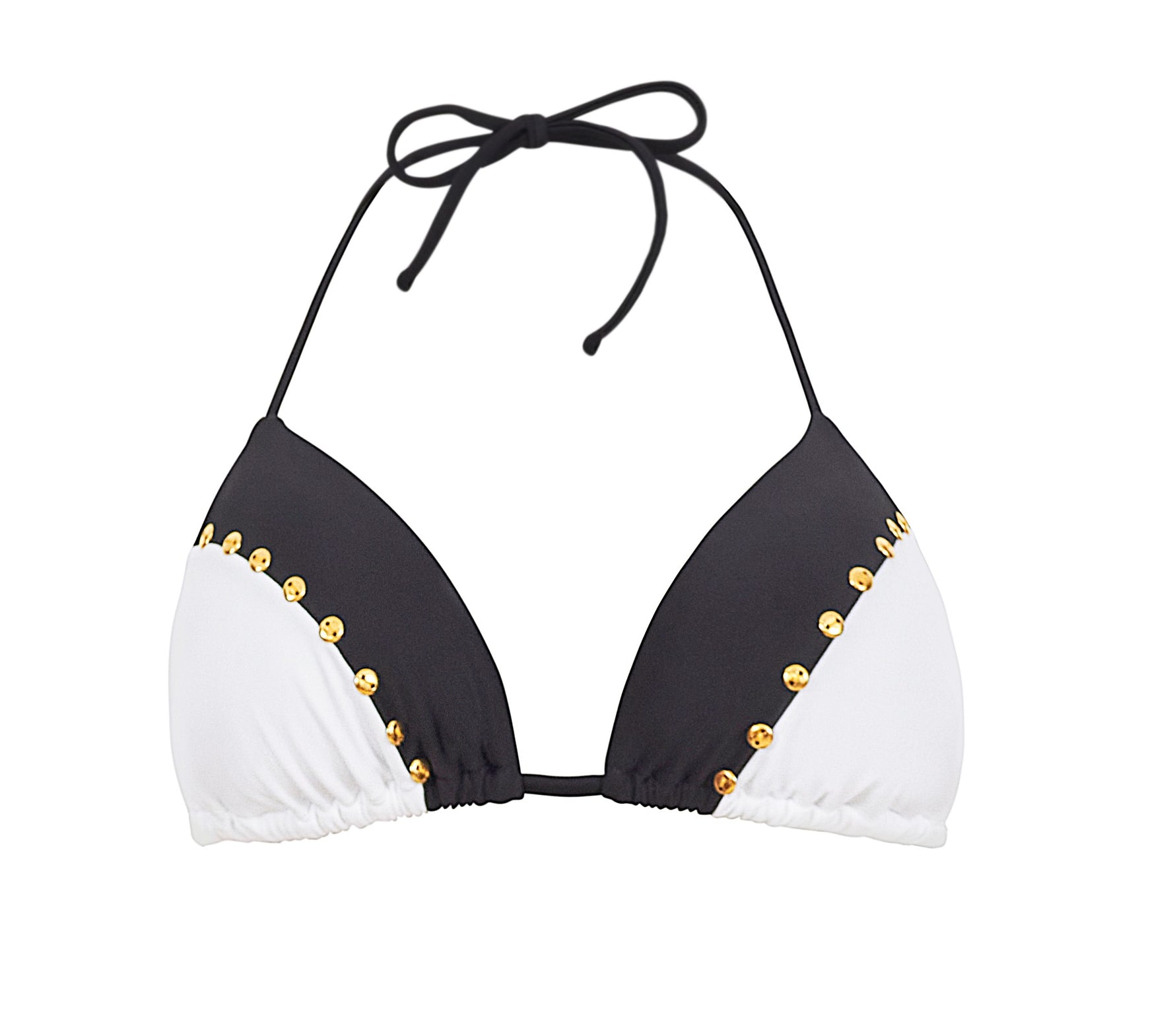 Black and White Bikini Top Sustainable  PQ Swim designer best bikini website usa cheeky sexy quality high end midnight studded mix up tri bikini top black and white gold studded triangle best quality sexy D cup bikini website
