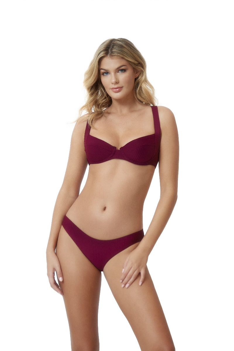 shop Sangria Basic Ruched Full bikini bottoms designer pq swim burgundy bathing suit low rise hot glamorous elegant bikinis