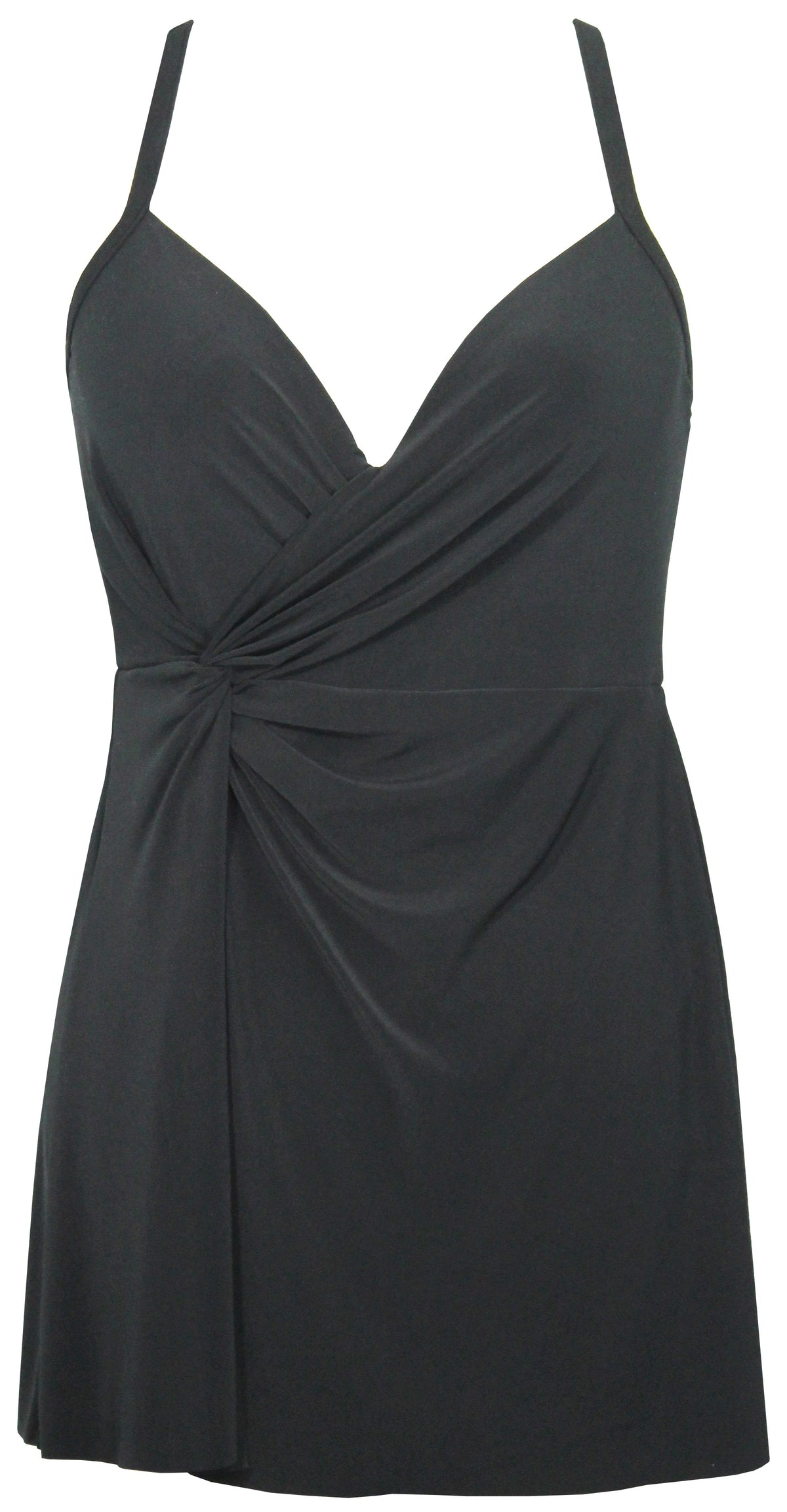 Slimming Swim Dress Miraclesuit one piece compression high quality fabric for best tummy control shapewear for fashionable upscale resort wear. Stylish low cut neckline designed with inner underwire cups molded with sturdy foam for chest lift and support like a bra for a sagging bust. adjustabel straps for a comfortable fit. elegant soft flowy swimwear fabric has short hemline covers upper thighs and bum for sophisticated classy look with front ruching for a cinced hourglass waist look great for moms in 40s