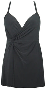 Slimming Swim Dress Miraclesuit one piece compression high quality fabric for best tummy control shapewear for fashionable upscale resort wear. Stylish low cut neckline designed with inner underwire cups molded with sturdy foam for chest lift and support like a bra for a sagging bust. adjustabel straps for a comfortable fit. elegant soft flowy swimwear fabric has short hemline covers upper thighs and bum for sophisticated classy look with front ruching for a cinced hourglass waist look great for moms in 40s