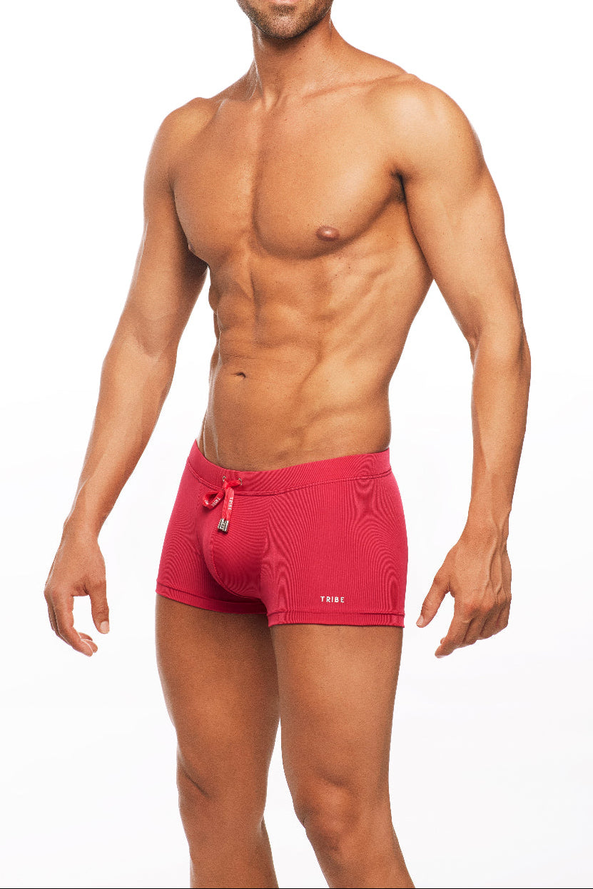 tribe fire red swim trunks boxer brief swim mens short shorts tight sexy 2 inch inseam elastic waist drawstring front luxury ribbed textured fabric high end fashionable euro style mens swim shorts hottest good body great legs swimmers reinforced front smooth look baywatch designer swim shorts for hot body men gay style european look stylish resort swim glamorous skimpy tightest shortest expensive online shopping enthusiast purchases luxury fashion frequently travels often buy usa canada hot firefighter look
