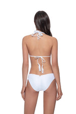 White designer bikini set with full coverage bottoms on a customer from Michigan USA against a white background